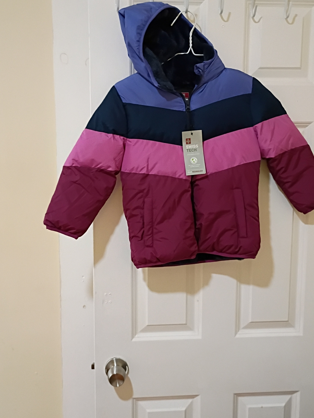 Swiss Tech Girls' Hooded Colorblock Puffer Jacket in Purple, Pink, Blue